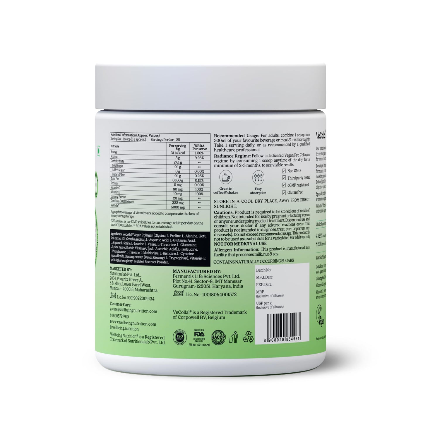 Wellbeing Nutrition Vegan Pro Collagen Peptides Supplement for Skin and Hair | 100% Plant Based 5 gms Collagen, Lemon Lime, 200 gms