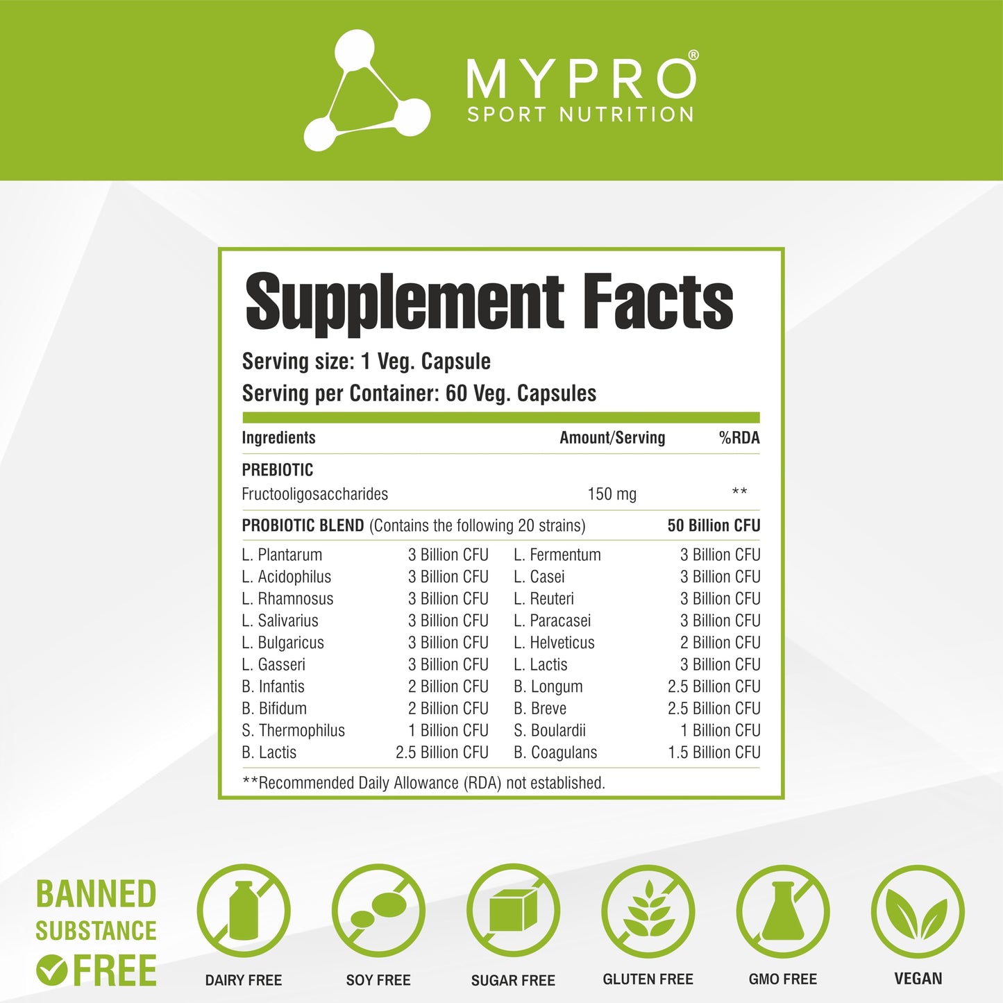 Mypro Sport Nutrition Probiotics Supplement 30 Billion FC Multi Strain Formula For Daily Probiotic Support Improves GI Immunity Helps To Maintain Healthy Digestive System For Men & Women 60-Capsules