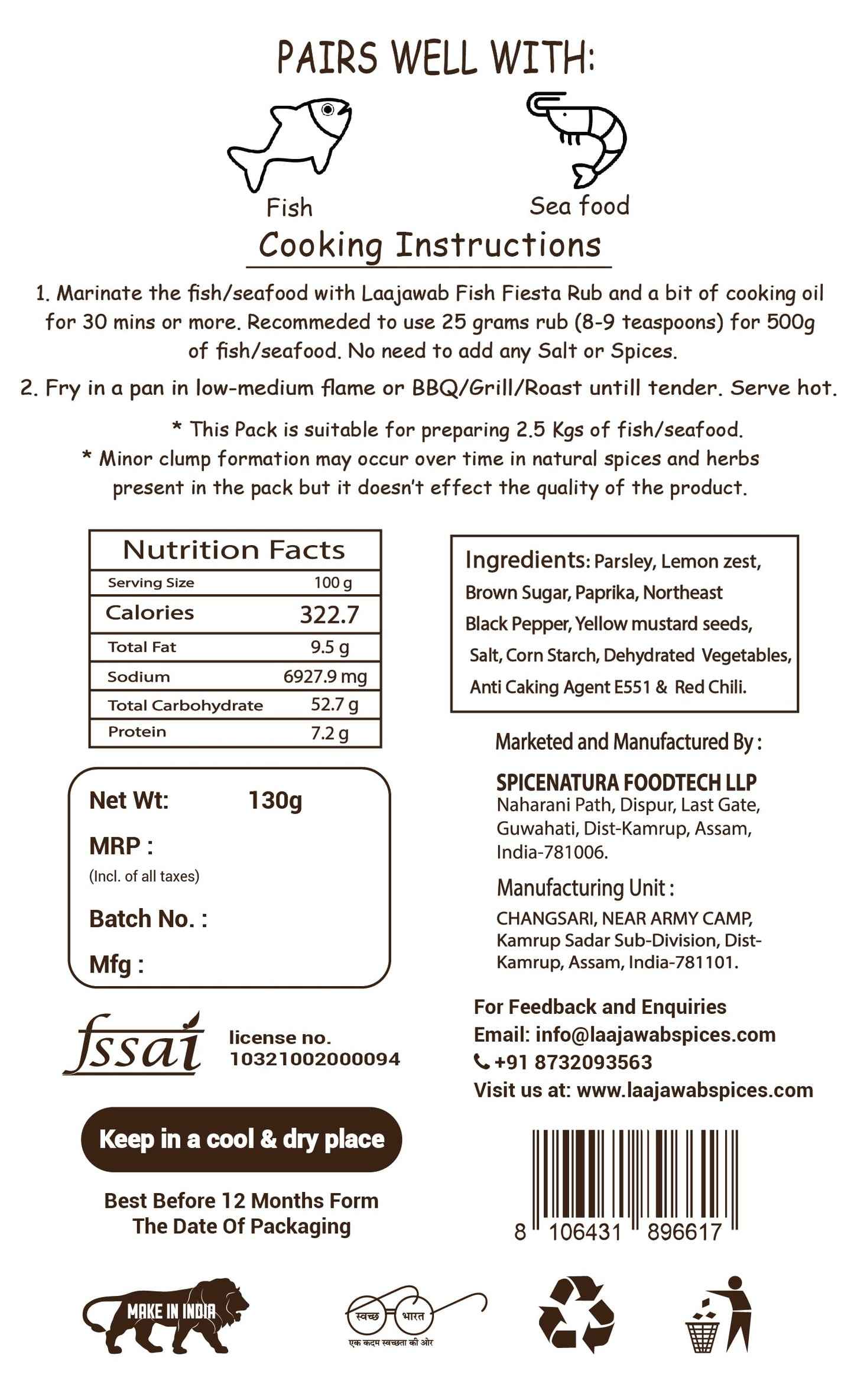 Laajawab India's First All-In-One Natural Fish & Prawn Masala Marinade For Delicious & Superfast Cooking|Robust Blend Of Parsley,Yellow Mustard,Lemon & Black Pepper,130 Gram