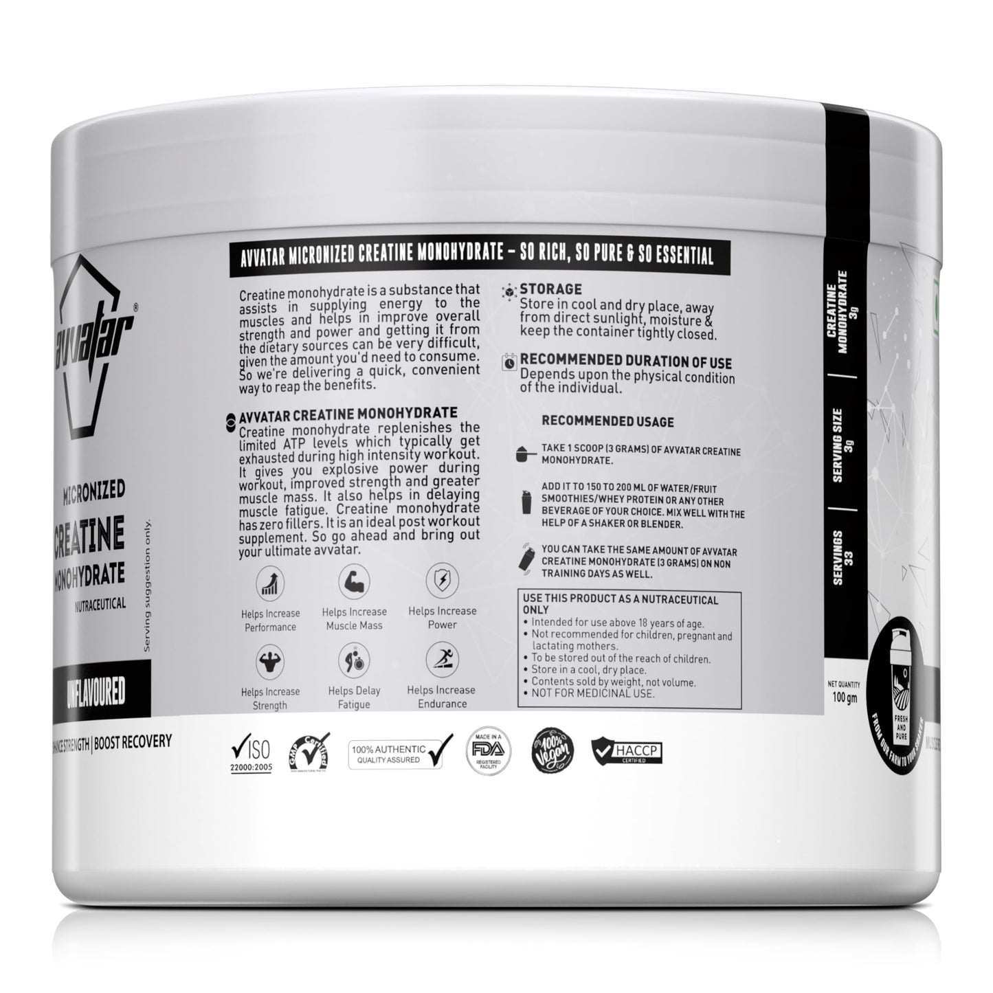 avvatar MICRONIZED CREATINE MONOHYDRATE Powder (100G, 33 Servings) | Un- image 4