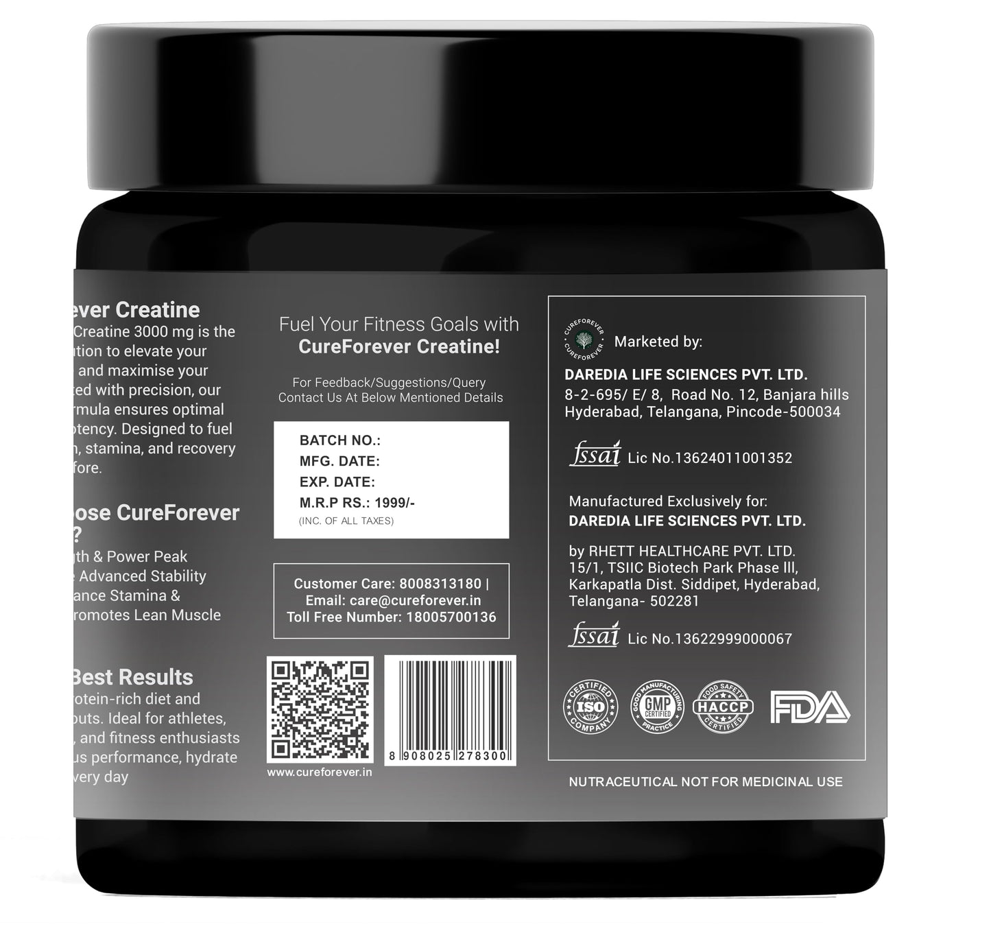 CUREFOREVER Creatine Monohydrate Powder – Unflavoured, 100 Servings, Micronized Pre-Workout Supplement for Muscle Strength, Power, Size, Endurance & Faster Recovery – 300g Pack