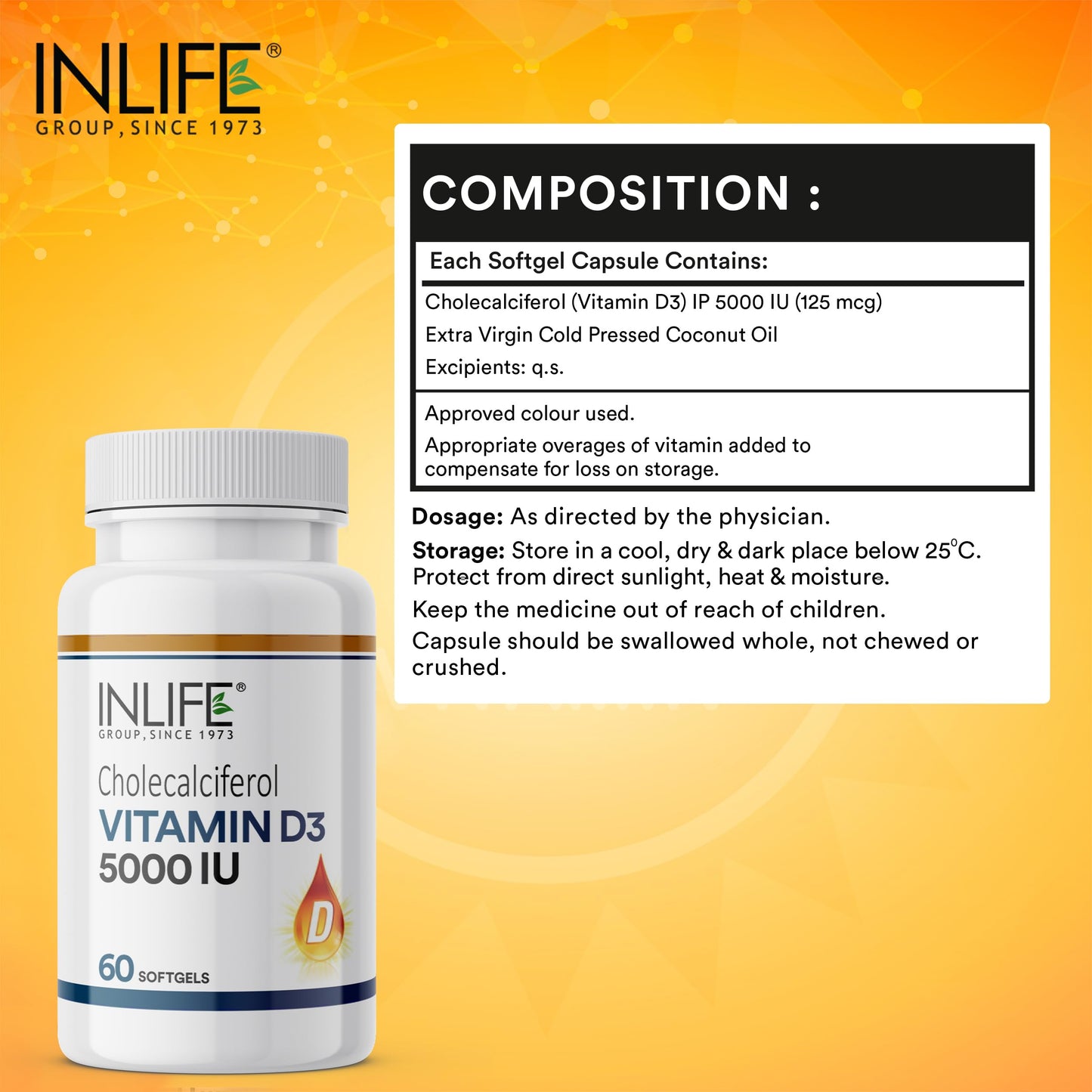 INLIFE Vitamin D3 5000 IU Cholecalciferol with Coconut Oil Supplement for Better Absorption, For Men & Women, Immunity, Bone Health, Muscles - 60 Softgels