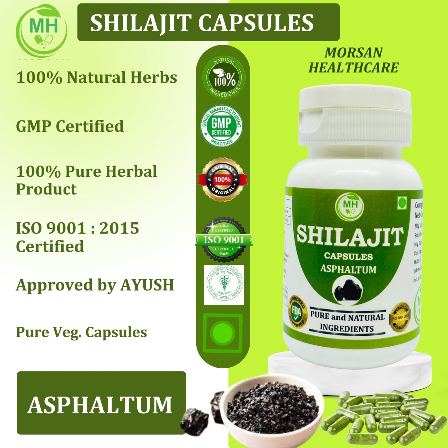 Morsan Healthcare SHILAJIT Capsules โ 60 Veg Capsules | Pure Asphaltum Extract (Shuddha Shilajit) | Natural Ayurvedic Supplement | Plant-Based Wellness Formula | Pack of 4