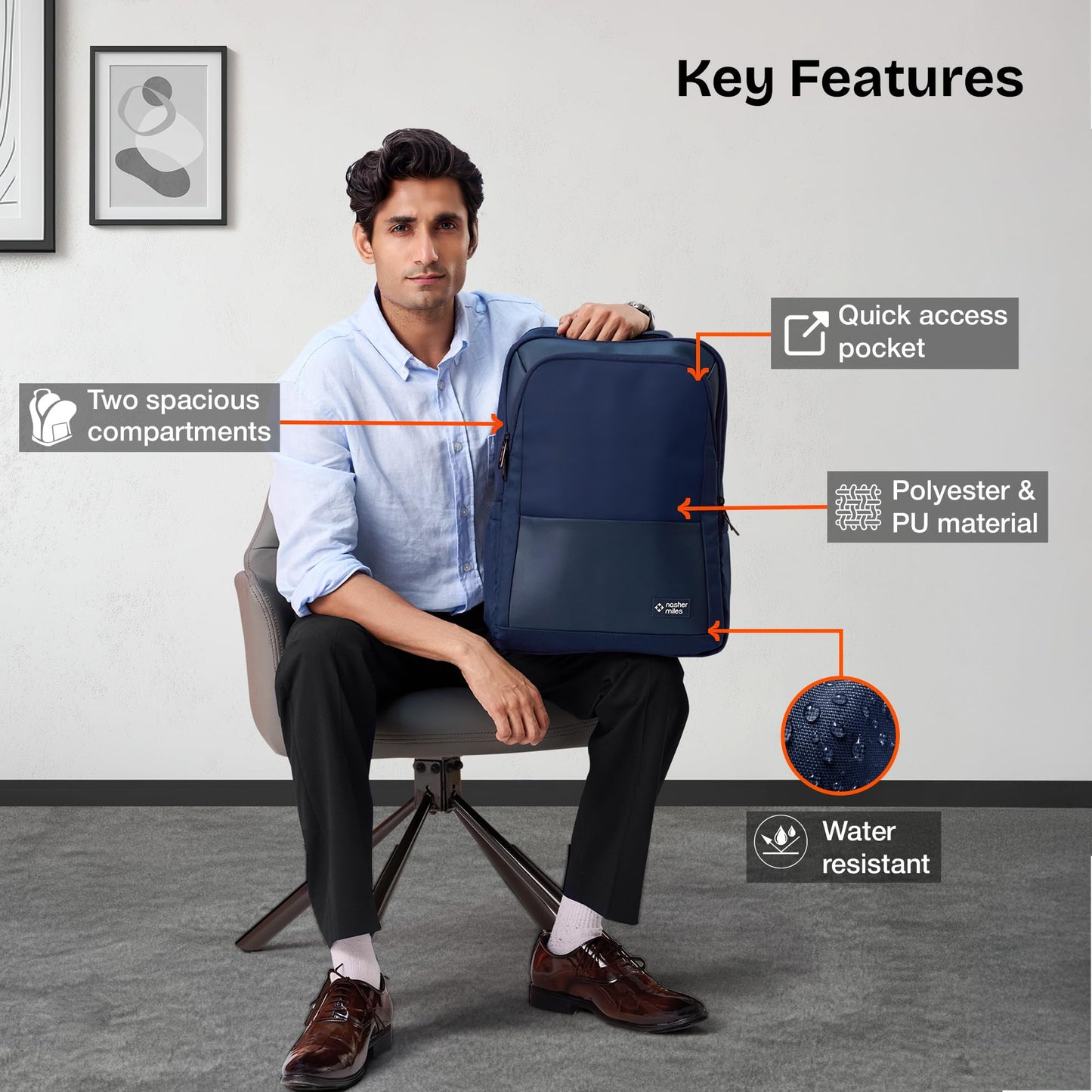 Nasher Miles Oxford Corporate Backpack | Premium Polyester & PU Laptop Backpack 35L | Ideal for Office, College, School & Travel | Men, Women, Boys, Girls (Navy Blue)