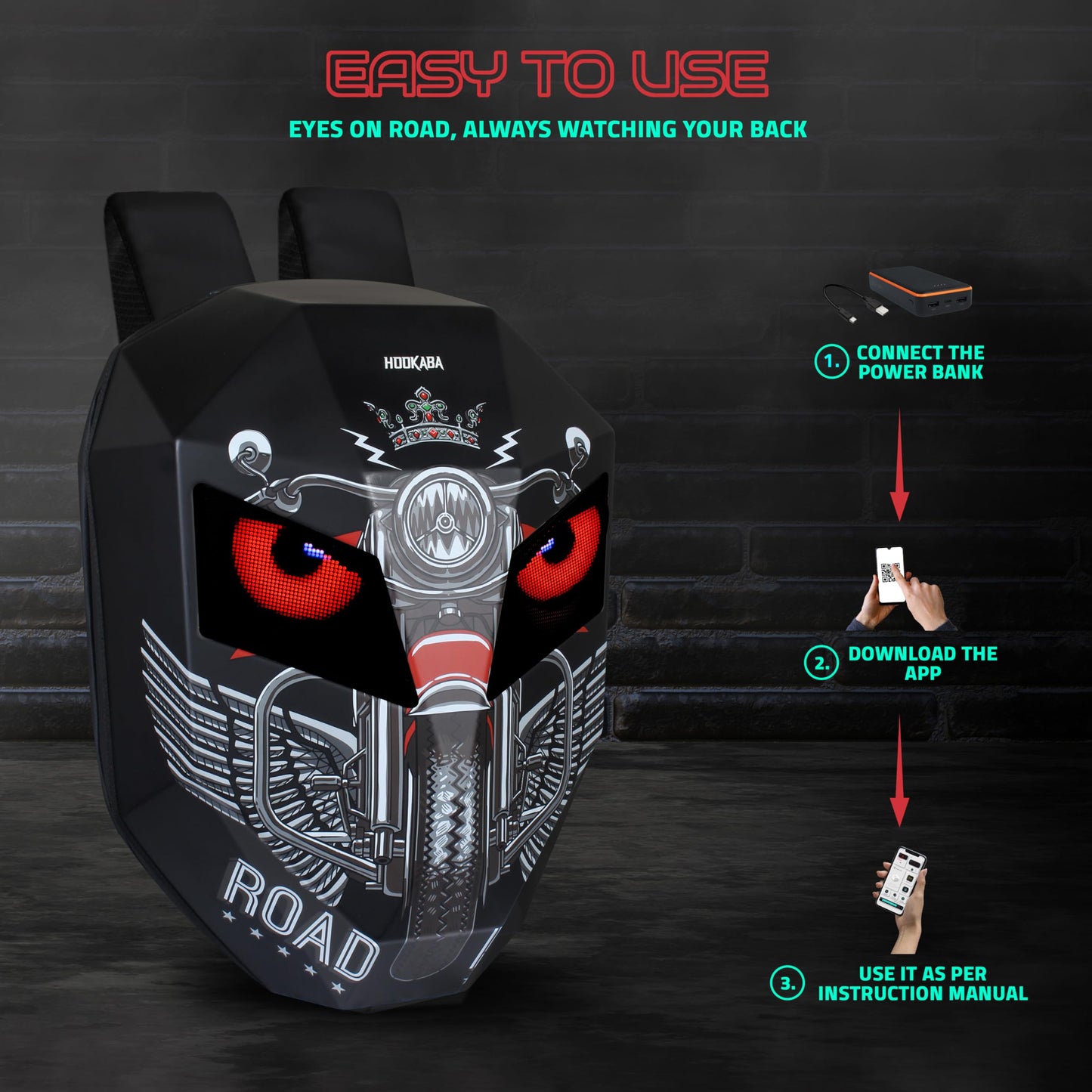 Hookaba: LED Eyes Adventure Motorcycle, Bikers Expandable Backpack India-Premium ABS & PC Hard Shell Fabric-15.6" inch Laptop-31 Ltrs | Waterproof IPX5 | 1 year Warranty (Black)