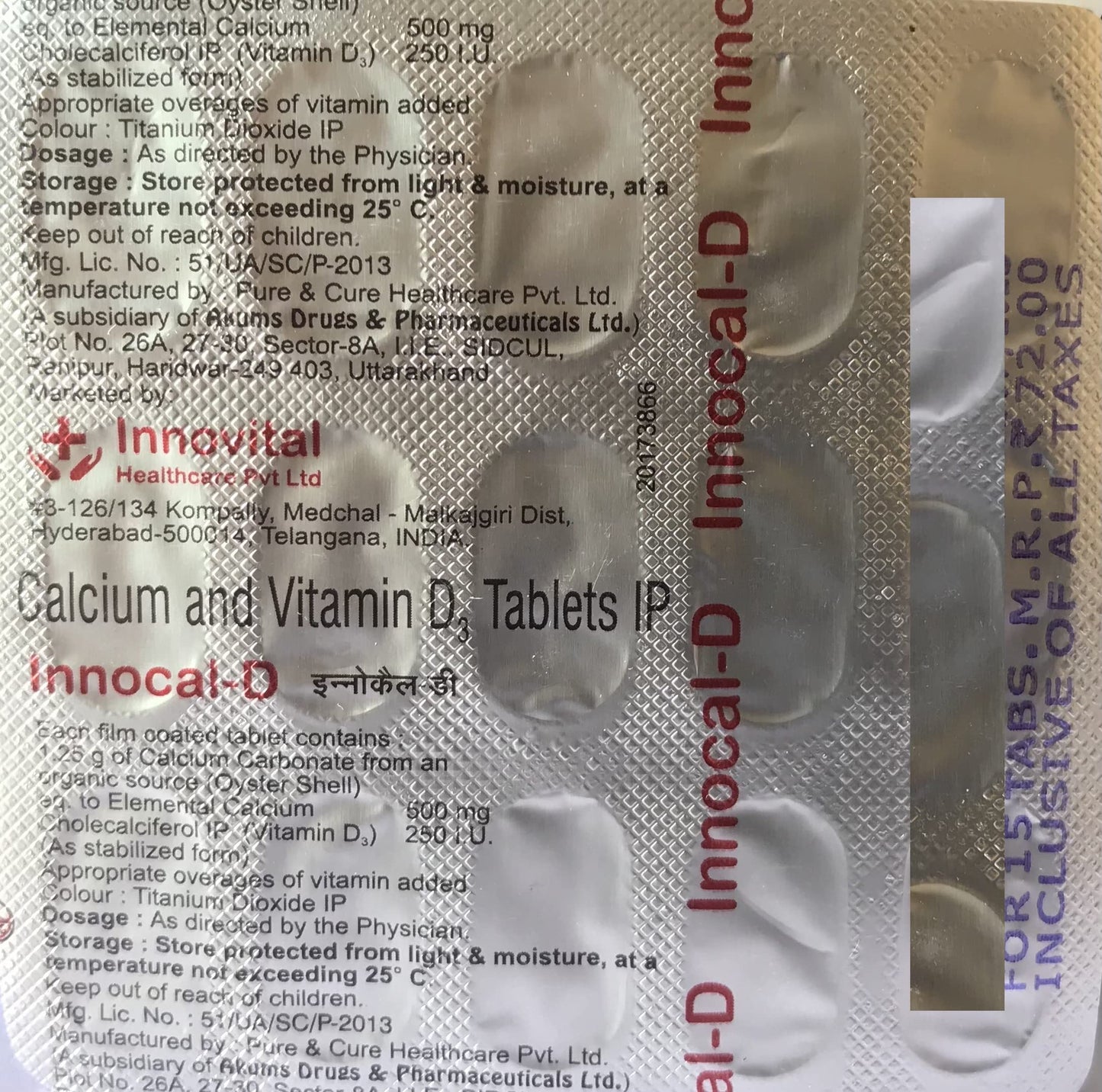 INNOCAL-D 500 Calcium and Vitamin D3 Tablets for stronger Bones & Joints (Pack of 90 Tablets)