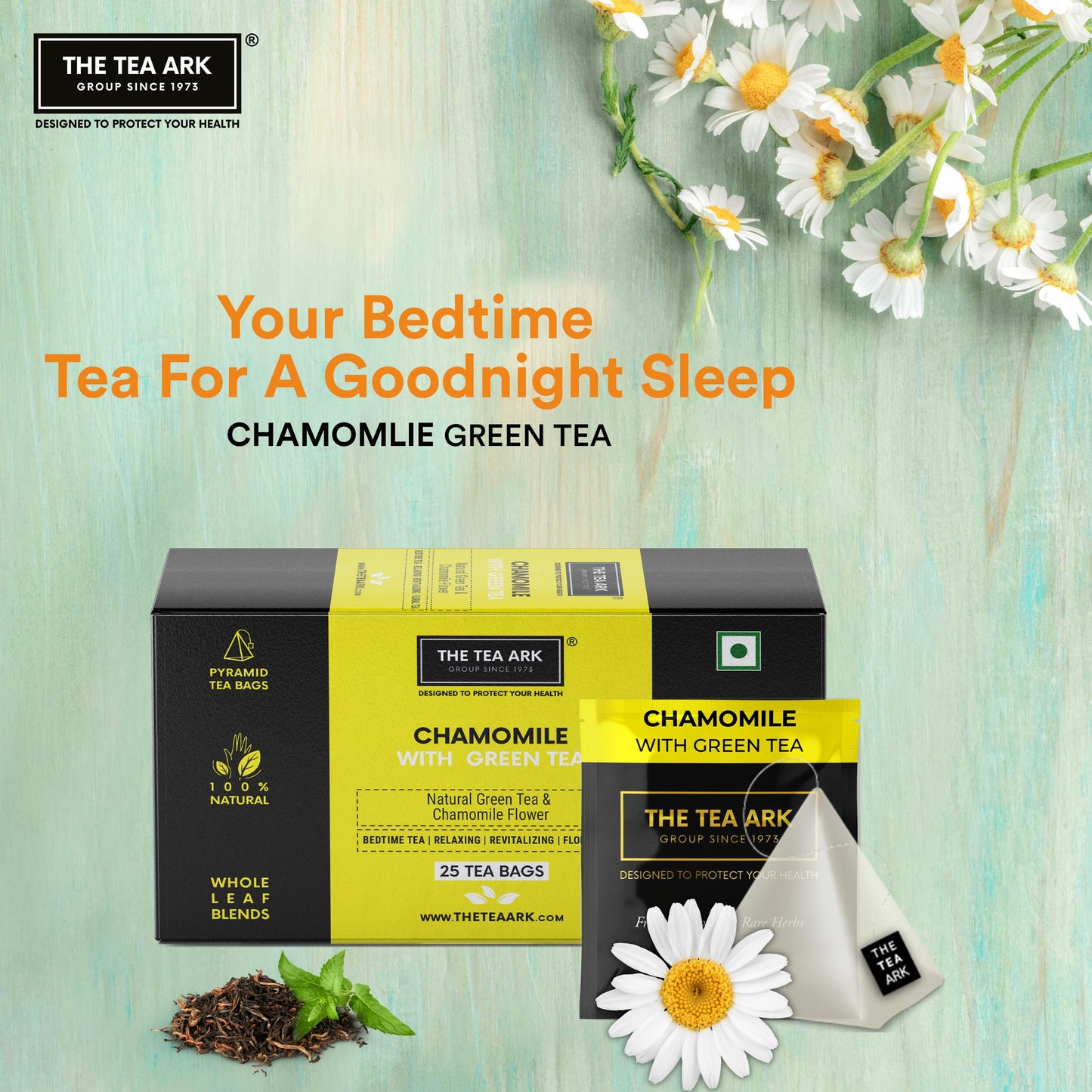The Tea Ark Chamomile Tea Bags (25 Count) | Herbal Green Tea | Natural Whole Flower Buds of Chamomile | Individually Wrapped Pyramid Tea Bags (25 Tea Bags)