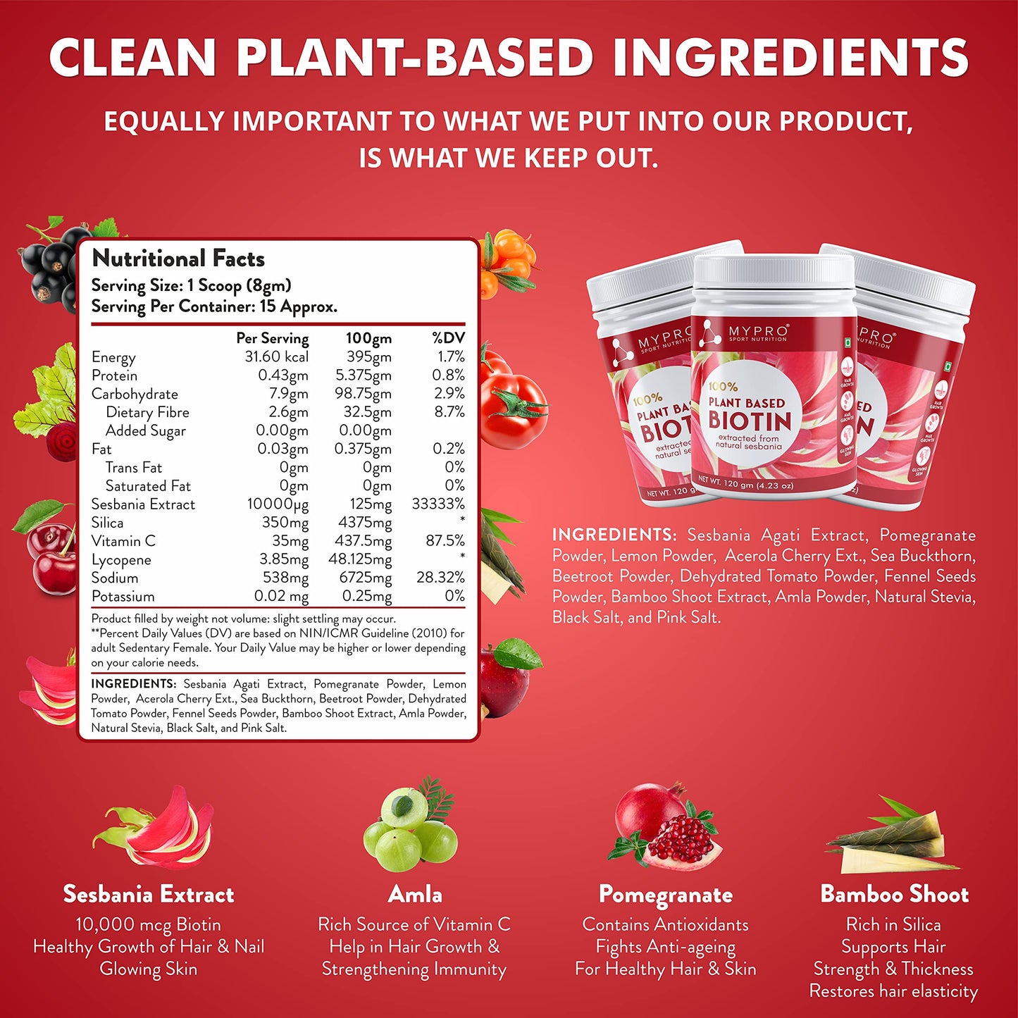 Mypro Sport Nutrition 100% Plant Based Biotin Extracted From Natural sesbania With Amla,Pomegranate,Sea Buckthron,Bamboo Shoot - 120 Gm Powder (4.23 oz)
