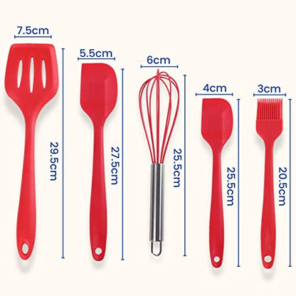 SYGA 5 Pieces Silicone Kitchen Utensils Spoon Set Cooking & Baking Tool Sets Non-Toxic Hygienic Safety Heat Resistant_Red