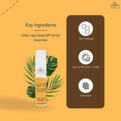 AVEIL Heat Shield Gel SPF 50 Sunscreen With PA+++ - 50ml | Dermatologically Tested For All Skin TypeSun Protection From UVA, UVB, IR And No White Cast