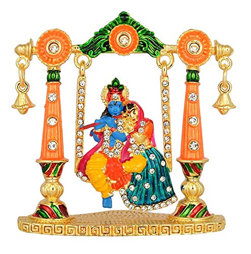 Relicon Radha Krishna Idol on Jhula (R-99) Color Metal Statue for Car Dashboard | Mandir Murti (L*B*H-5.5 x 0.8 x 6.8 Cm)