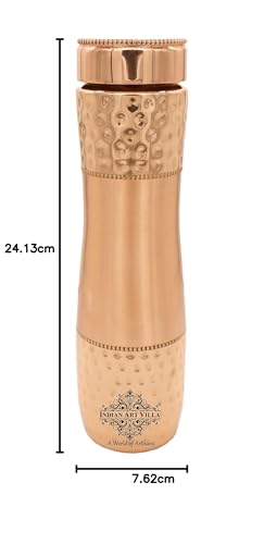 INDIAN ART VILLA Pure Copper Water Bottle With Half Hammered Lacquer Champion Design, Drinkware & Storage Purpose, Ayurvedic Health Benefits, Volume- 1000 ML, Pack Of - 1