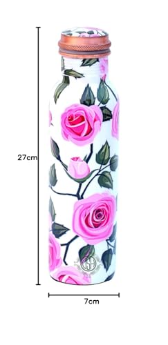 DSH Copper Bottles for 1 Litre Printed with Pink Roses Art, Travelling Purpose Bottles, Yoga Ayurveda Healing, 1000 ML (Design SM02)