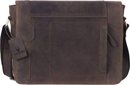 WildHorn Men's Genuine Leather Laptop Messenger Bag | Office Bag with Padded Laptop Compartment & Adjustable Strap | Fits 14" Laptop | 1-Year Warranty,Brown