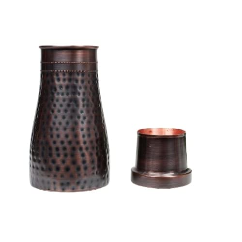 JAIN ART VILLA Copper Water Bottle | Bedside Bottle with Glass | Hammered Finish | 900 ml