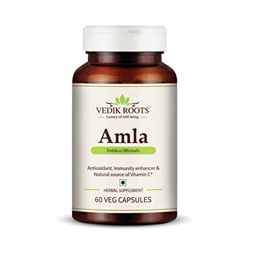 Vedikroots Amla Capsules 60_ Organic Hair Growth & Vitamin C Herbal Supplement Antioxidant Immunity Enhancer Natural Source of Vitamin C (Pack of 1)