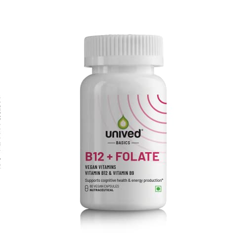 Unived Basics B12+Folate | Vitamin B12 (Methylcobalamin) with 5-MTHF BioAvailable Folate | Essential for Vegan & Vegetarians | 60 Vegan Capsules