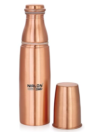 NIRLON Amrutam Copper/Tamba Water Bottle with Glass, 1000ml, 1 Piece, Copper | Leak Proof | Office Bottle | Gym Bottle | Yoga Bottle | Home | Kitchen | Hiking | Treking Bottle | Travel Bottle