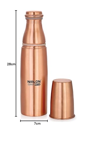 NIRLON Amrutam Copper/Tamba Water Bottle with Glass, 1000ml, 1 Piece, Copper | Leak Proof | Office Bottle | Gym Bottle | Yoga Bottle | Home | Kitchen | Hiking | Treking Bottle | Travel Bottle