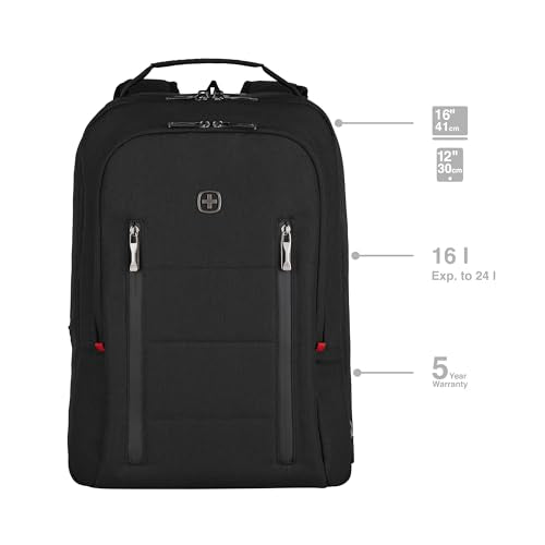 WENGER CITY TRAVELER Laptop Backpack for 16 Inch Laptop & 12 Inch Tablet Pocket, Doubles as an overnighter in Black (16 Litre), Swiss designed, 606490