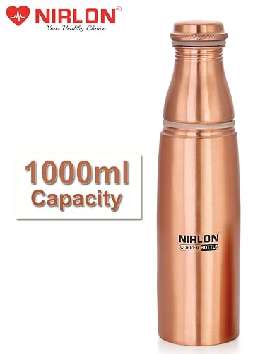 NIRLON Amrutam Copper/Tamba Water Bottle with Glass, 1000ml, 1 Piece, Copper | Leak Proof | Office Bottle | Gym Bottle | Yoga Bottle | Home | Kitchen | Hiking | Treking Bottle | Travel Bottle