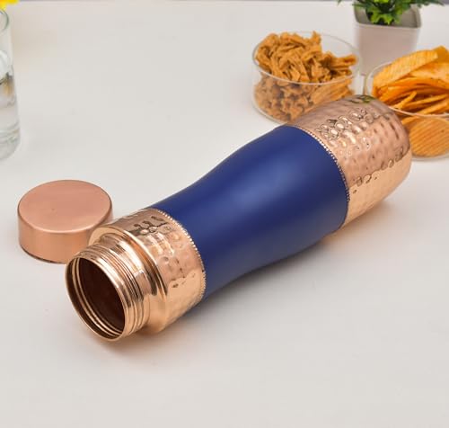 OGGN Stylish Pure Copper Water Bottle, Half Hammered Blue Silk Finish Bottle, Durable & Rust Proof Tamba Bottles for Drinking, Anti-Oxidant Material, Perfect Stylish Office Carrying Bottles - 1000 Ml