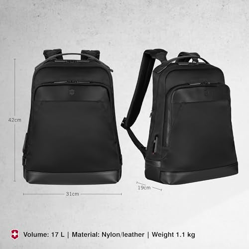 Victorinox Alox Nero, Backpack (17 litres) 15.6 Inch Laptop Pocket, 42 cm, Black, Nylon/Leather, 611804 | Business Travel Office Bag For Men