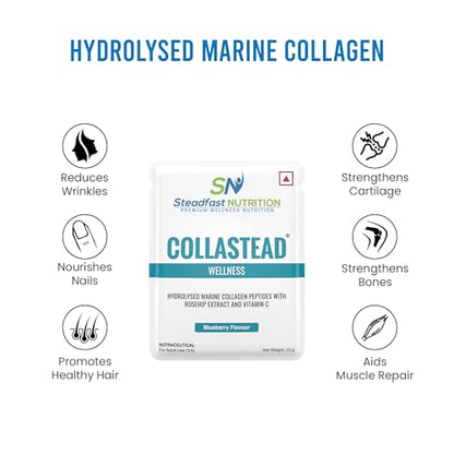 Steadfast Nutrition Collastead Collagen Powder | Natural Marine Collagen Supplements | Boost Skin, Hair, Bones, Nail Health with Pure Collagen Peptides | Fruit Punch Flavour, 300g | 30 Sachets