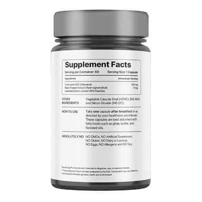 Decode Age CoQ10 100mg, Coenzyme Q10 with Piperine, 99% Pure, Higher Energy Levels, Antioxidant, Healthy Heart, 60 Veg Capsules
