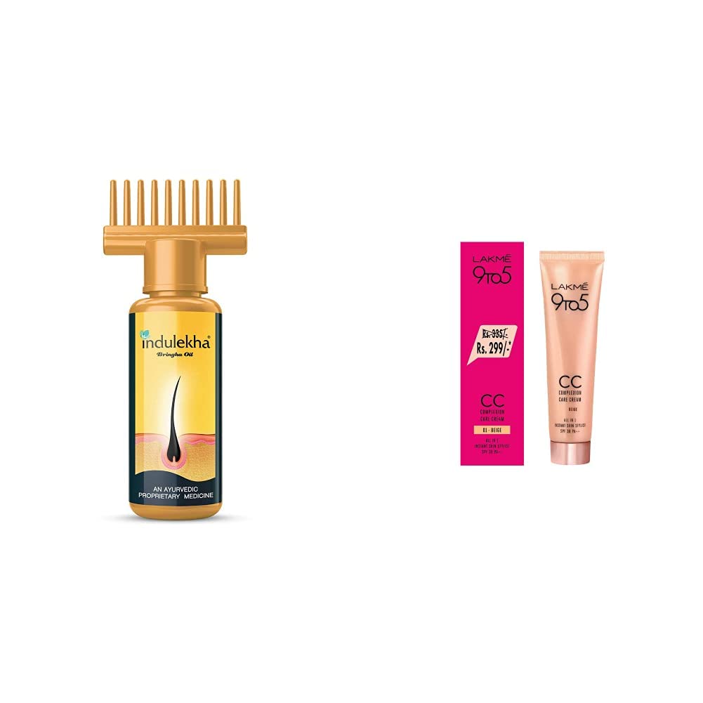 Indulekha Bhringa Hair Oil, 100ml & Lakme 9 to 5 Complexion Care Face Cream, Beige, 30g