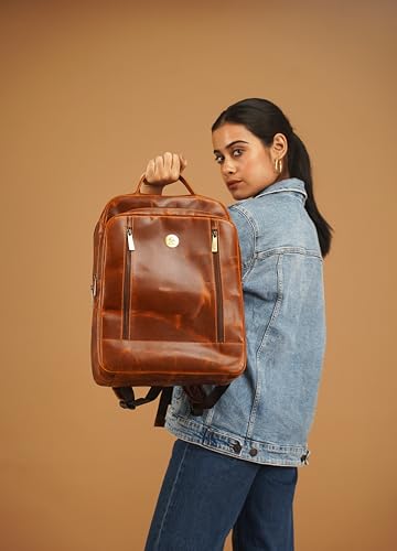 Leather Laptop Backpack | Padded 15.6-inch Laptop Compartment for Men's and Women | Comfortable Padded Back Panel | Multiple Pocket Sleeves | Convenient Storage for Office Use - (COGNAC)