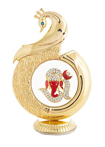 Gold Plated Peacock Shape Om Ganesha Ganesh 12 Cm Car ashboard Idol Statue Hindu