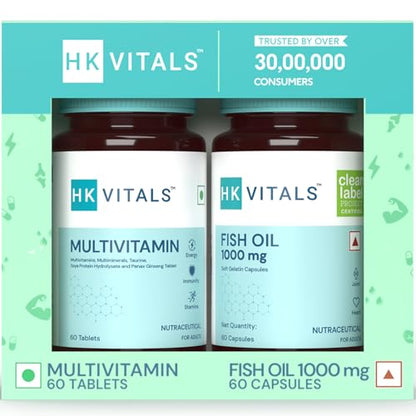 HealthKart hk vitals Fish Oil and Multivitamin (60 Tablets Each) Combo Pack | 1000mg Omega 3 with 180mg EPA & 120mg DHA | Enhances Energy, Immunity & Joints Health