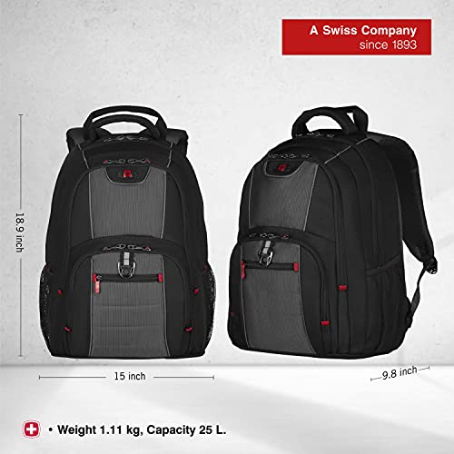 WENGER PILLAR 16 Inch Laptop Backpack, Triple Protect Compartment with Case-Stabilising Platform in Black/Grey (25 Litre), Swiss designed, 600633