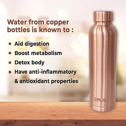 Kuber Industries Copper Water Bottle 950 ml & Pack of 2 Glasses 300ml | 100% Pure Copper Water Bottle& Glasses I Leak Proof, Rust Proof I Copper Utensils For Home, School & Office