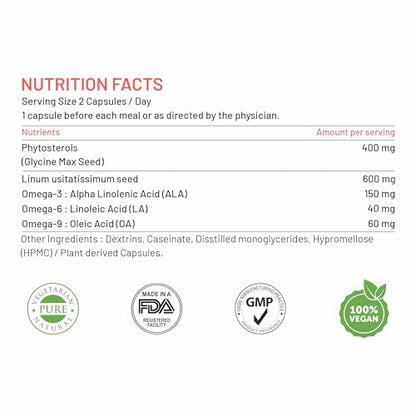 Bliss Welness Cholesterol Management Heart Health | Omega 3 6 9 + Phytosterol Plant Sterols | Lipid Profile Immunity Support Supplement - 60 Vegetarian Capsules