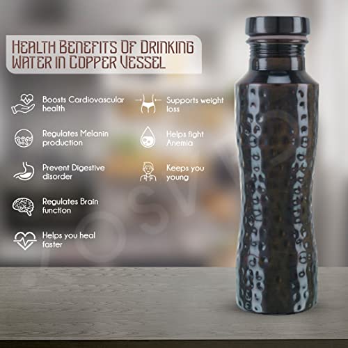 KOSVED Pure Copper Jasmine Antique Hammered Water Bottle| 100% Copper, Leak-proof, For Everyday Yoga Use, (800ml/ 27oz)