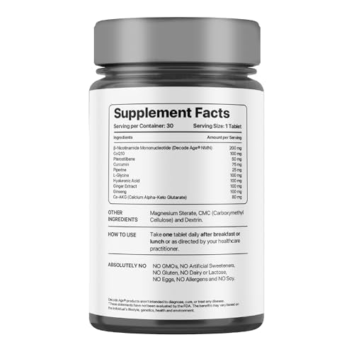 Decode Age LongeVit Supplement, contains NMN, hyaluronic acid, CoQ10 and other ingredients for Graceful Ageing, Boosts NAD+, Energy Levels, Endurance, Overall Health, Recovery, 30 Veg Tablets