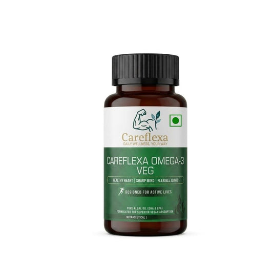 CareFlexa Omega-3 Veg 30 Softgels 1200mg | Algal Oil & Flaxseed Formula | Heart, Brain & Joint Support | Muscle Recovery & Stamina Booster | 30 Vegetarian Softgels