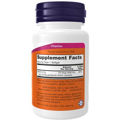 Now Foods Vitamin D-3 400 IU Pack of 180 Softgels