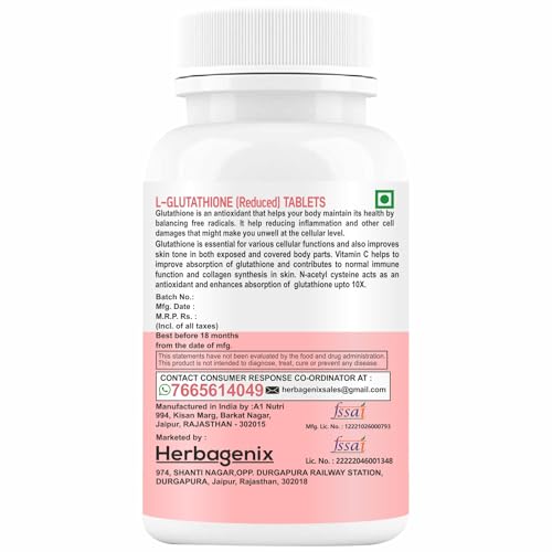 HERBAGENIX Glutathione Tablets For Skin Whitening L-Glutathione, Vitamin C, E, Biotin, Milk Thistle Powder, Hyaluronic Acid, Collagen Supplements For Women-60 Glow Tablet (No Capsule/Capsules)