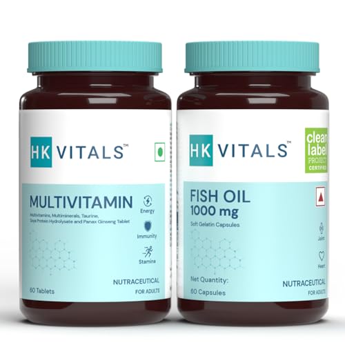 HealthKart hk vitals Fish Oil and Multivitamin (60 Tablets Each) Combo Pack | 1000mg Omega 3 with 180mg EPA & 120mg DHA | Enhances Energy, Immunity & Joints Health