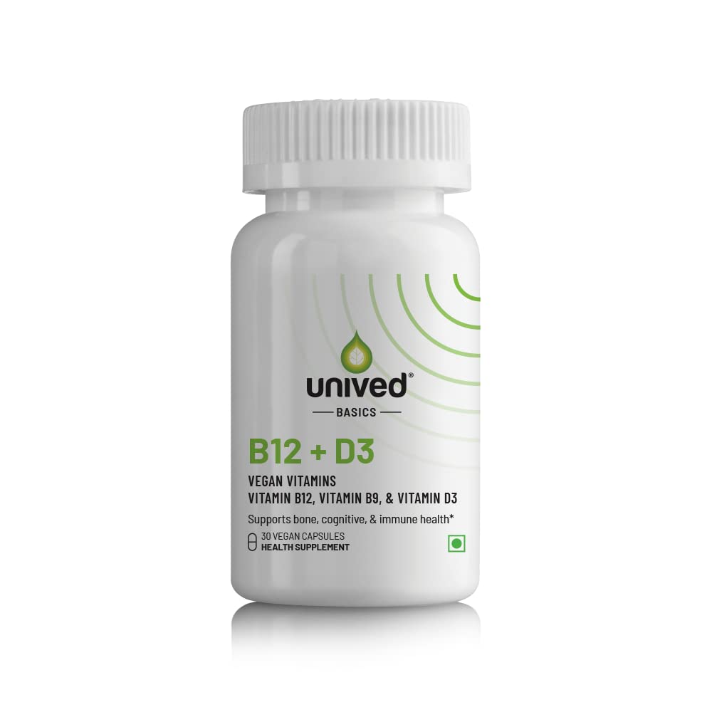 Unived Basics B12+D3 | Vitamin B12 as Methylcobalamin (98%), 300mcg Methyltetrahydrofolate (5-MTHF), 600 I.U. Vitamin D3 (Cholecalciferol) | Bone, Cognitive & Cardiovascular Support|30 Vegan Capsules
