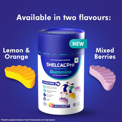 Shelcal Torrent Pro Gummies | Calcium & Vitamin D3 | Sugar Free Gummies | Supports Strong Bones & Joint | Lemon-Orange & Mixed Berries Flavours - Pharma (30 Gummies)