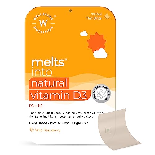 Wellbeing Nutrition Melts Natural Vitamin D3 + K2 Supplement for Immunity, Heart, Muscle, Bone, Cellular Protection | Vitashine, Resveterol & MenaquinGold | 30 Oral Strips