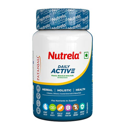 Nutrela Daily Active Multivitamin for Men & Women with essential amino acids, herbs, biofermented vitamins, minerals for Energy, Immunity, Brain, Eye & Heart Health - 30 Veg Capsules