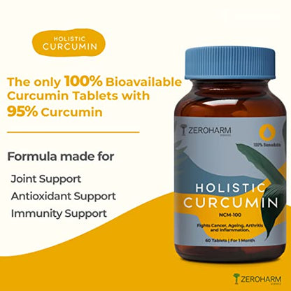 Holistic Curcumin ZEROHARM Supplement- 600mg (60 Veg Tablets) with 95% Curcuminoids - Higher Absorption- Antioxidant & Anti-inflammatory Supplement - For Skin, Joint Support, Boosts Immune System