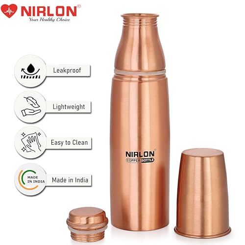 NIRLON Amrutam Copper/Tamba Water Bottle with Glass, 1000ml, 1 Piece, Copper | Leak Proof | Office Bottle | Gym Bottle | Yoga Bottle | Home | Kitchen | Hiking | Treking Bottle | Travel Bottle