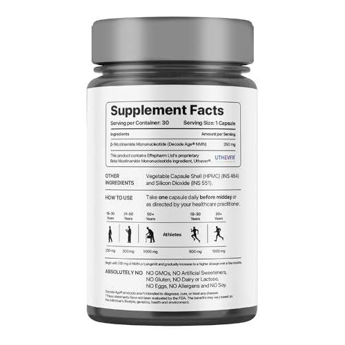 Decode Age NMN Supplement, 99.9% Pure Beta NMN, NAD+ Booster for Energy, Cellular Repair & Skin Health, 250mg, 30 Veg Capsules