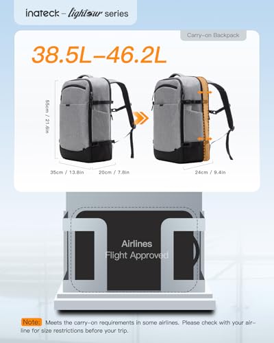 Inateck 20-46.2 L Travel Backpack, Expandable Hand Luggage Backpack for Men Women Laptop Backpack Splashproof Compatible 14/17.3 Inch Laptop and 12.9 Inch iPad for Weekender, gray, 46.2 L, Casual